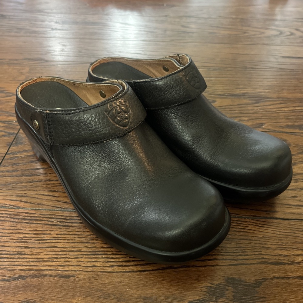 Ariat Womens 6 B Casual Slip On Comfort Wedge Mule Clogs Black Leather Read